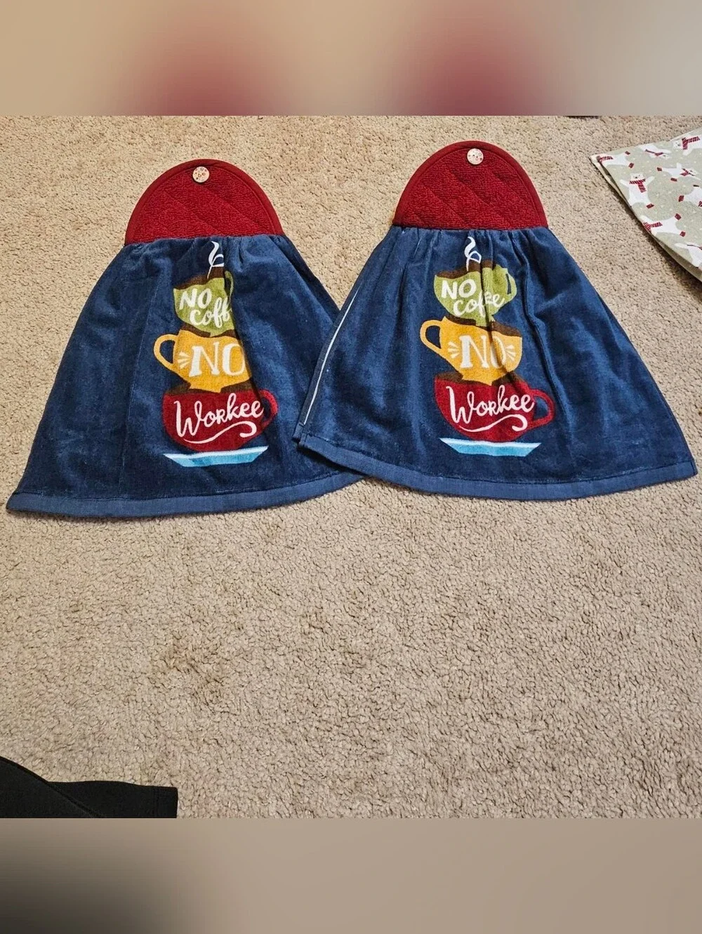2 Handcrafted Potholders Attached To Towels | Blue + Red | Coffee